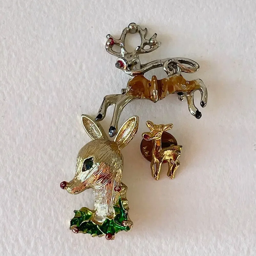 Vintage Christmas Pins Reindeer Rhinestone Enamel Brooch Signed Gerrys Lot of 3